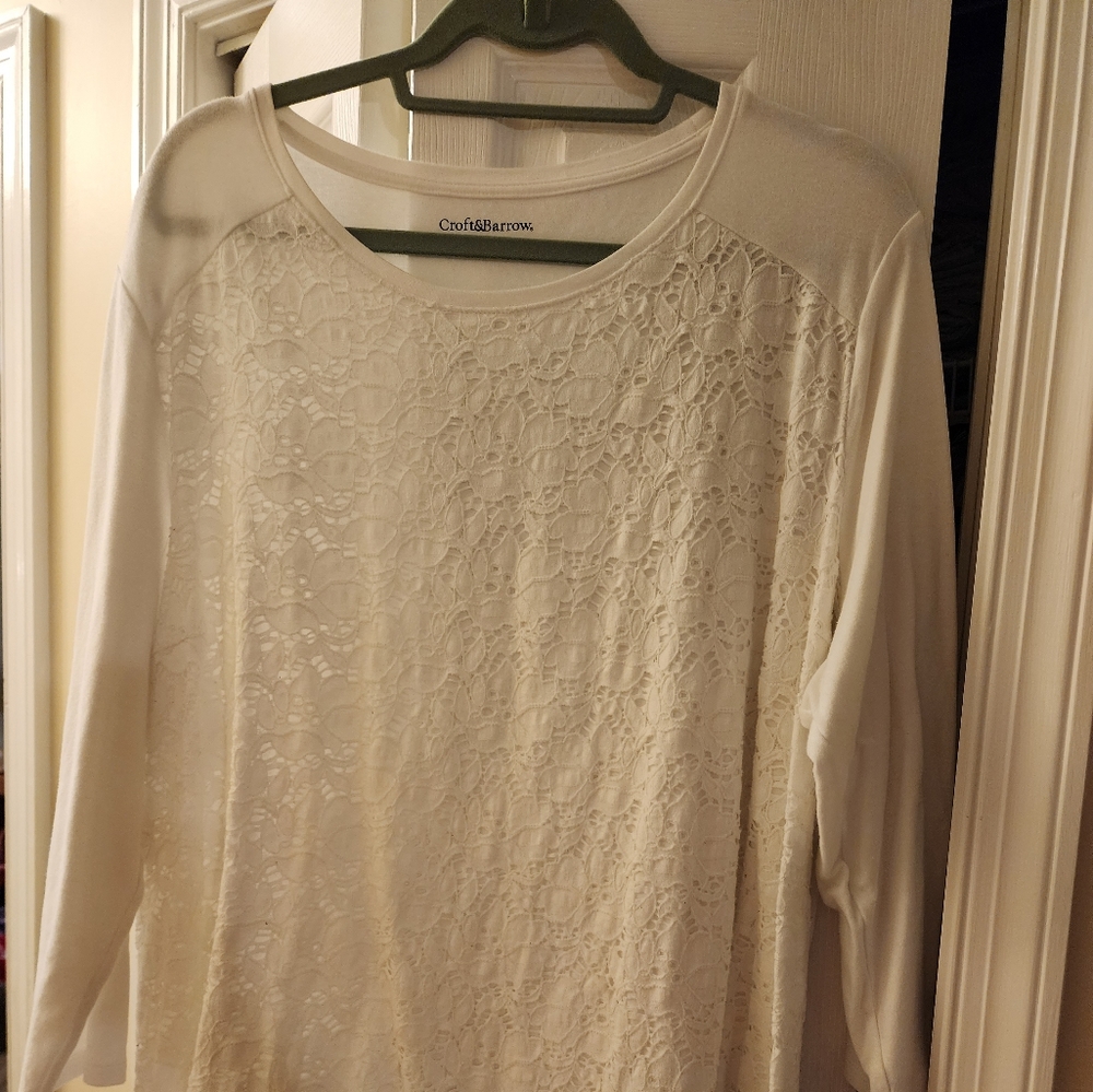 Croft and Barrow 3/4 lenth sleeve white top with lace overlay in front.